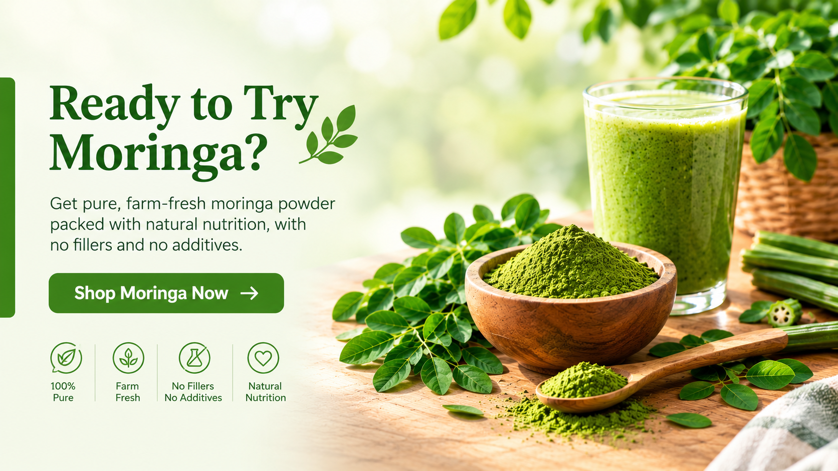 Fresh moringa leaves and drumstick pods next to a bowl of green moringa powder
