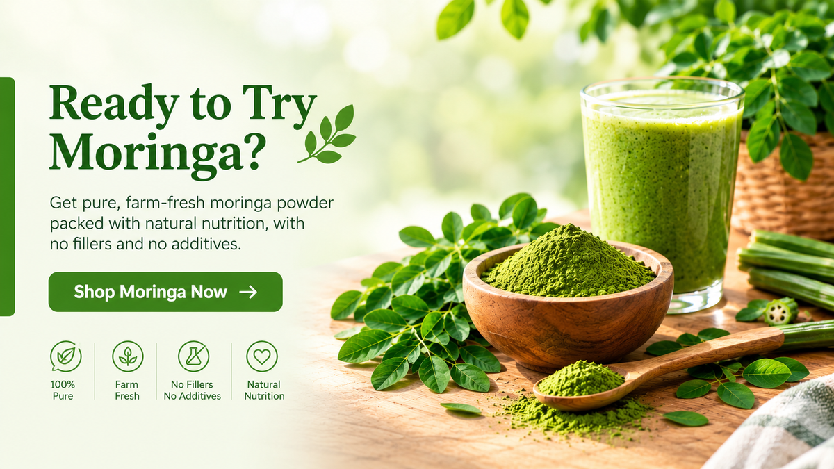 Fresh moringa leaves and drumstick pods next to a bowl of green moringa powder