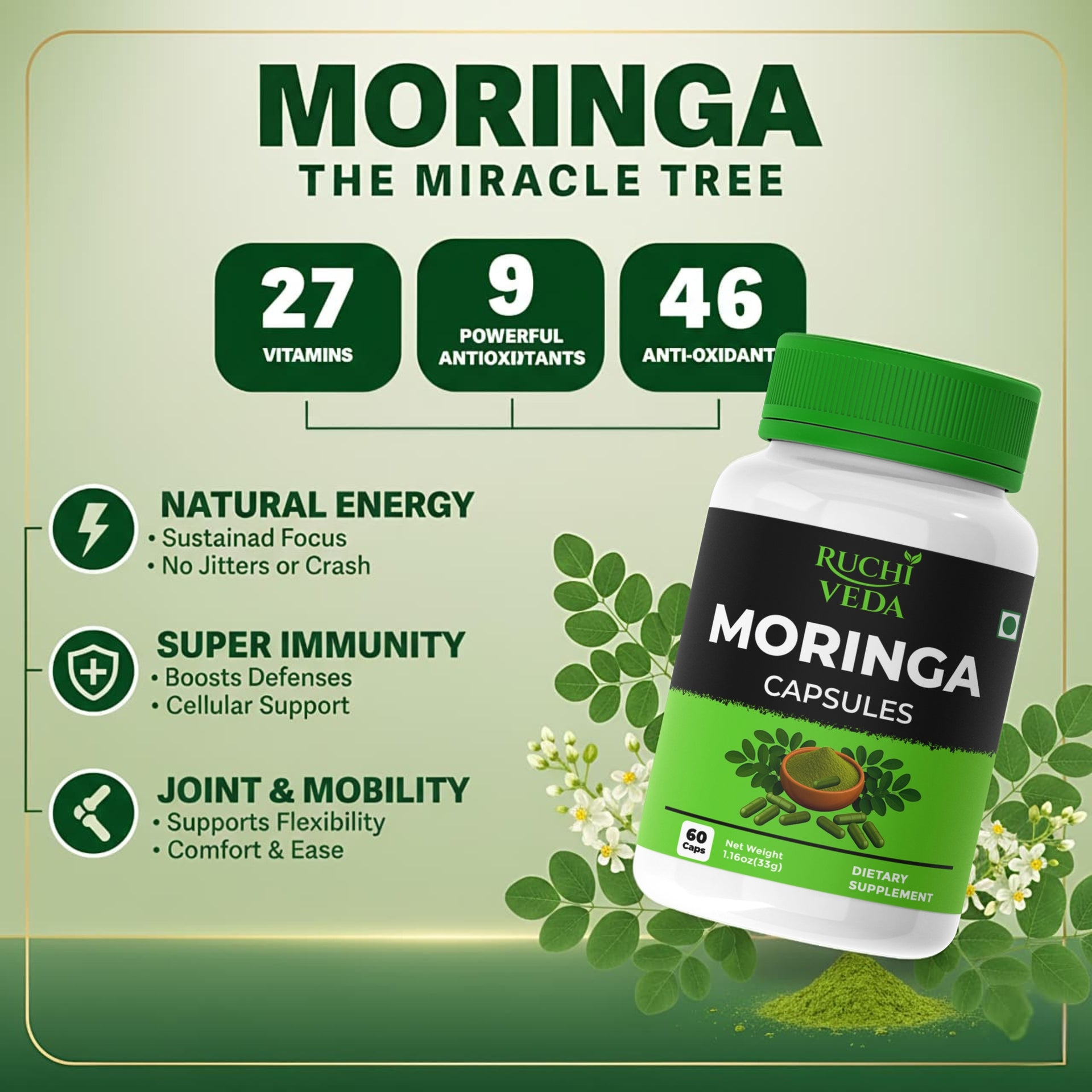 Ruchi Veda Moringa Capsules (60 Count) | Dietary Supplement