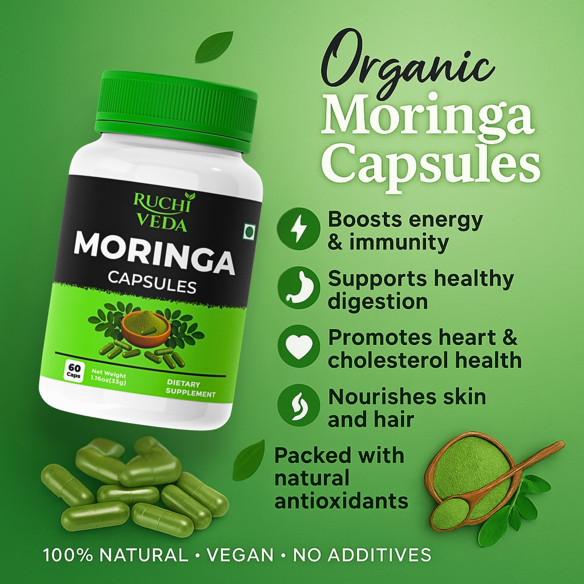 Ruchi Veda Moringa Capsules (60 Count) | Dietary Supplement