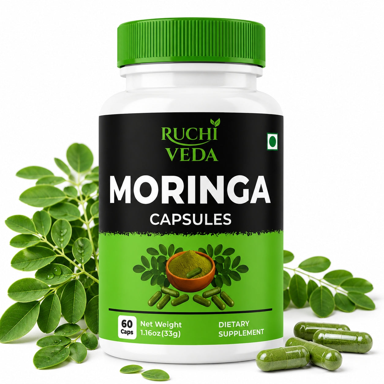 Ruchi Veda Moringa Capsules 1100mg Per Serving — Moringa Oleifera Supplement for Clean Natural Energy, Focus & Daily Wellness - Plant Based, Non GMO, Lab Tested Vegan Capsules - 60 Count