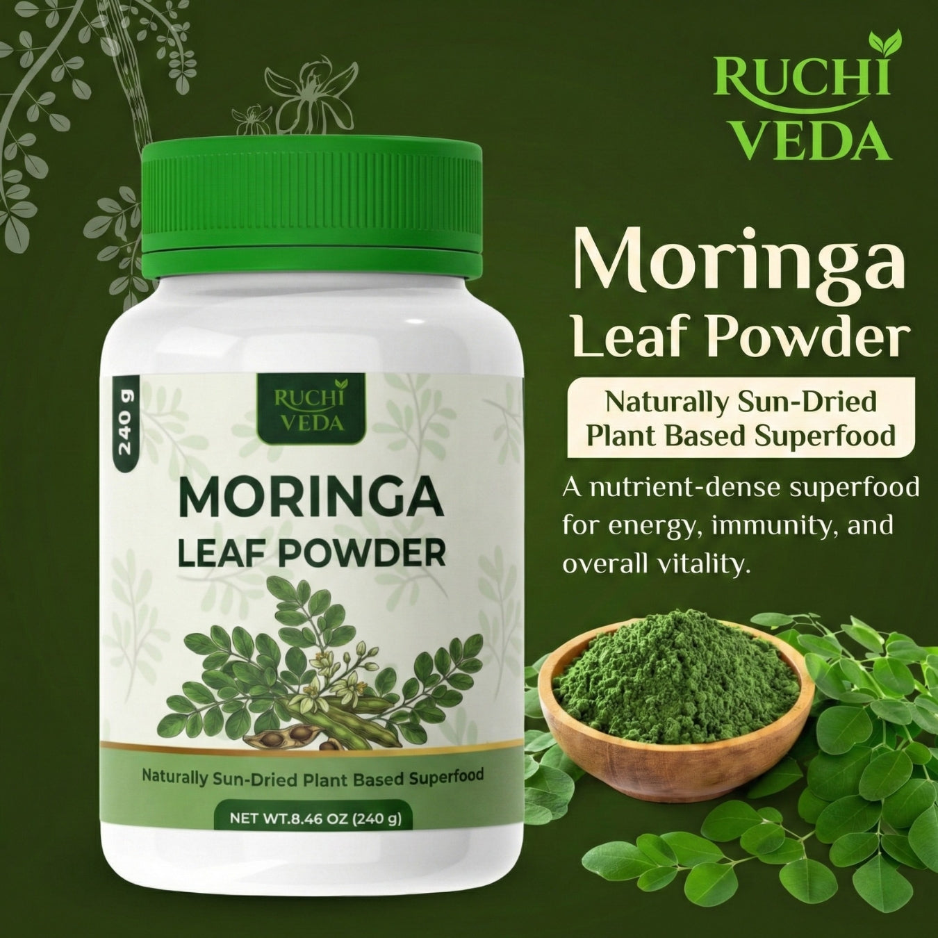 Moringa Leaf Powder 8.46 oz – Raw, Sun-Dried, Vegan Superfood | Naturally Rich in Nutrients for Everyday Health