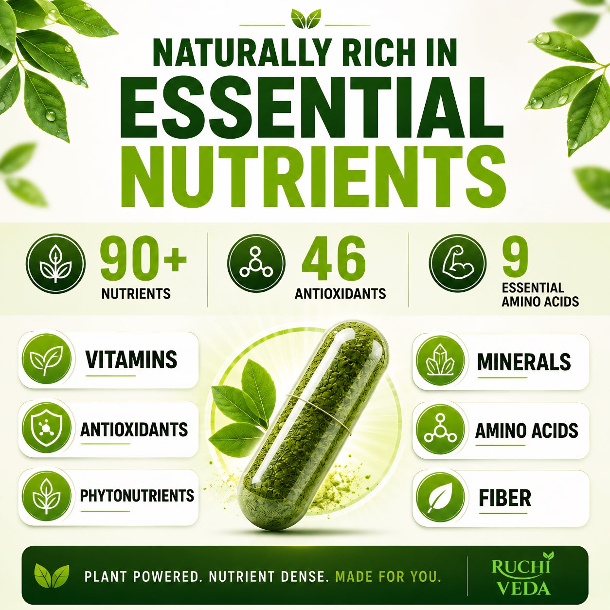 Ruchi Veda Moringa Capsules 1100mg Per Serving — Moringa Oleifera Supplement for Clean Natural Energy, Focus & Daily Wellness - Plant Based, Non GMO, Lab Tested Vegan Capsules - 60 Count