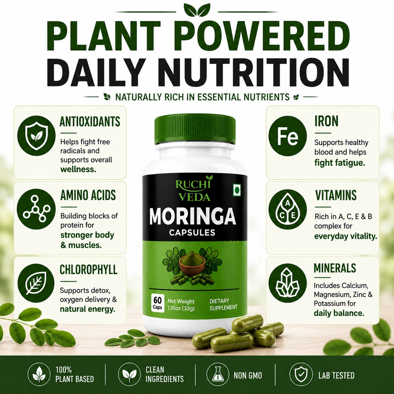 Ruchi Veda Moringa Capsules 1100mg Per Serving — Moringa Oleifera Supplement for Clean Natural Energy, Focus & Daily Wellness - Plant Based, Non GMO, Lab Tested Vegan Capsules - 60 Count