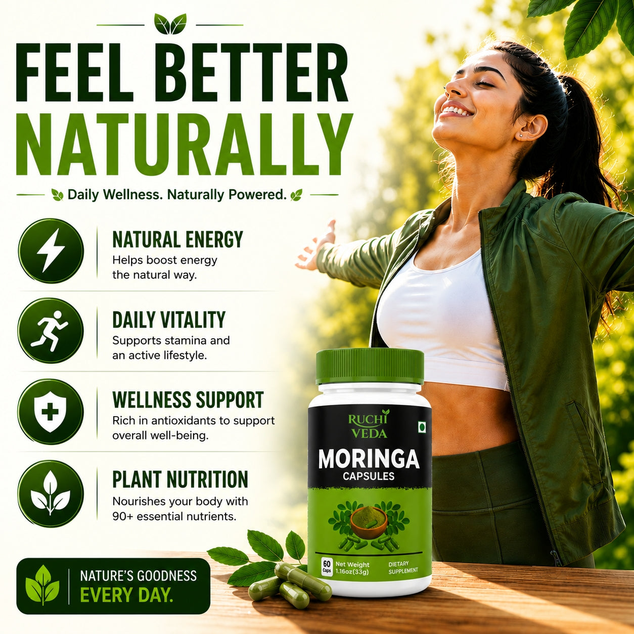 Ruchi Veda Moringa Capsules 1100mg Per Serving — Moringa Oleifera Supplement for Clean Natural Energy, Focus & Daily Wellness - Plant Based, Non GMO, Lab Tested Vegan Capsules - 60 Count