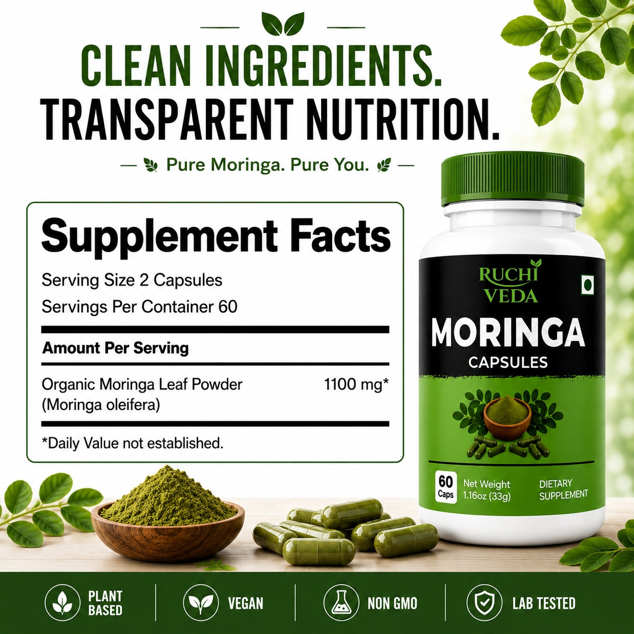 Ruchi Veda Moringa Capsules 1100mg Per Serving — Moringa Oleifera Supplement for Clean Natural Energy, Focus & Daily Wellness - Plant Based, Non GMO, Lab Tested Vegan Capsules - 60 Count